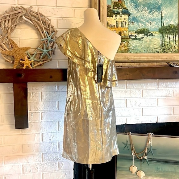 NWT Rachel Zoe,(MSRP $395),SILK Gold Lam’e Blended One-Shoulder Dress, Cocktail - Picture 5 of 16